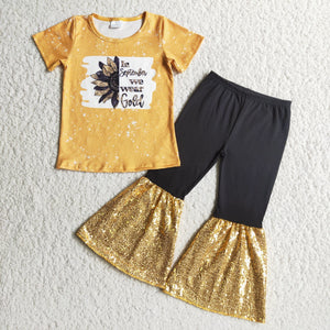 E4-29 girl clothes  sunflower short sleeve sequins set-promotion 2024.8.3 $2.99