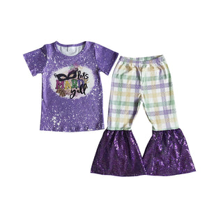 E5-17 toddler girl clothes purple Mardi Gras sequin bell bottom outfit