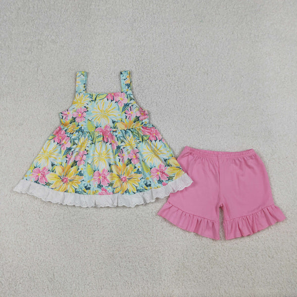 GSSO3034 RTS baby girl clothes floral print toddler girl summer outfit summer shorts set
