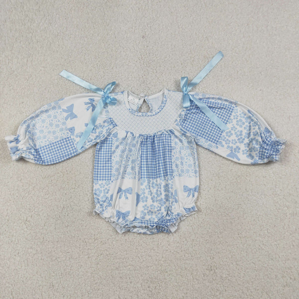LR2931 RTS baby girl clothes blue bows embroidery girl winter bubble romper