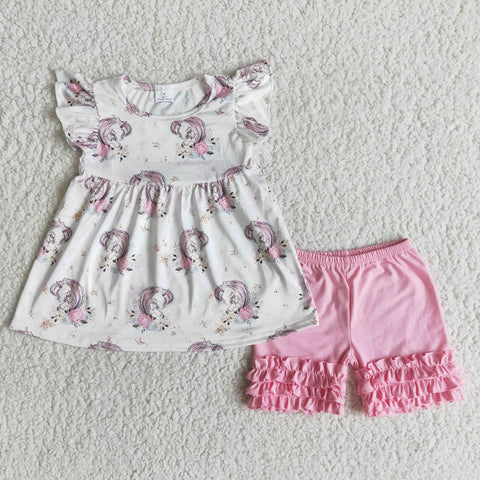 A6-9-1 girl clothes summer unicorn pink flutter sleeve set-promotion 2024.4.22 $2.99