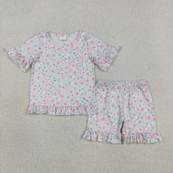 GSSO3322 RTS kids clothes floral bows girl summer shorts set summer shorts set