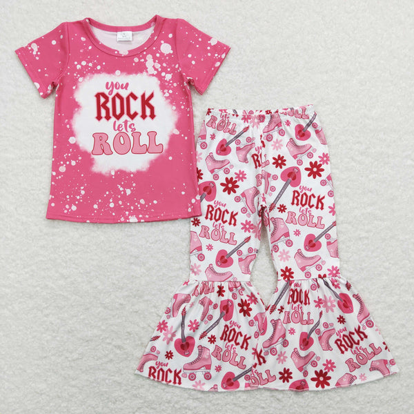 GSPO1146 baby girl clothes girl rock pink bell bottom outfit toddler valentines day outfit