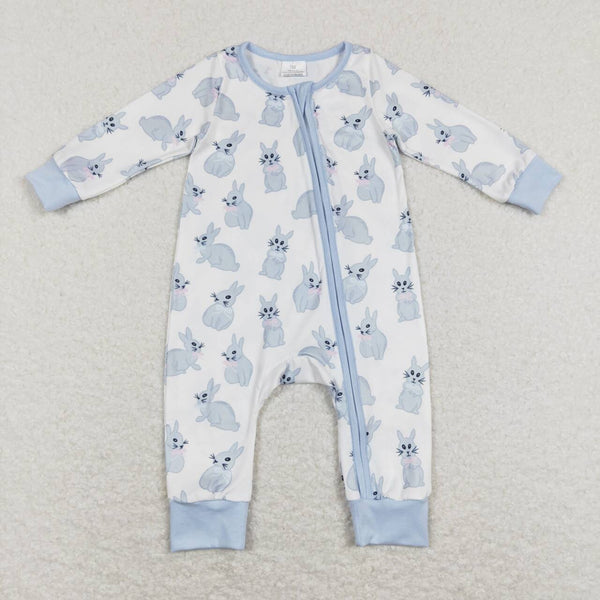 LR0837  baby boy clothes bunny rabbit bluezipper boy easter romper