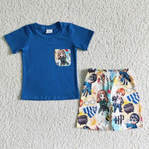 BSSO0048 boy blue cartoon pocket summer set