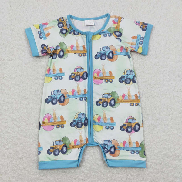 SR0883 baby boy clothes truck bunny eggs print zipper boy easter romper