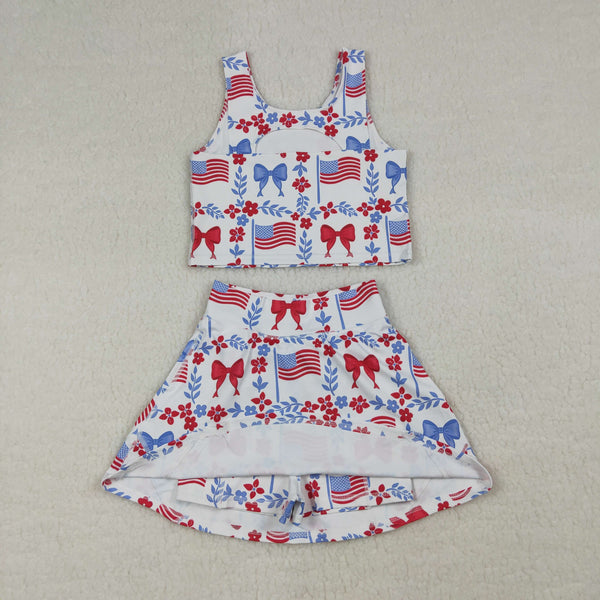 GSD3499 RTS  girl clothes flag bows toddler girl 4th of July yoga skirt outfit sports outfit