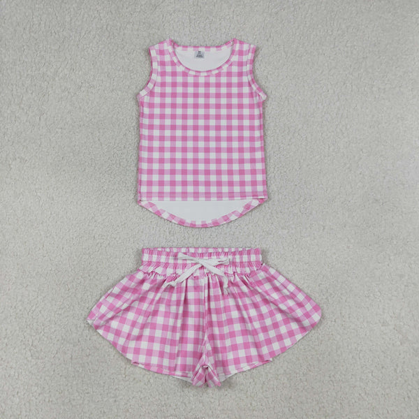 GSSO3478 RTS baby girl clothes pink gingham print toddler girl yoga summer outfit sports clothing set