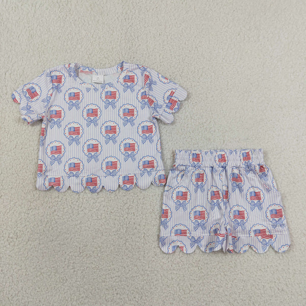GSSO3555 RTS kids clothes flag girl 4th of July summer outfit  clothing set scalloped shorts set