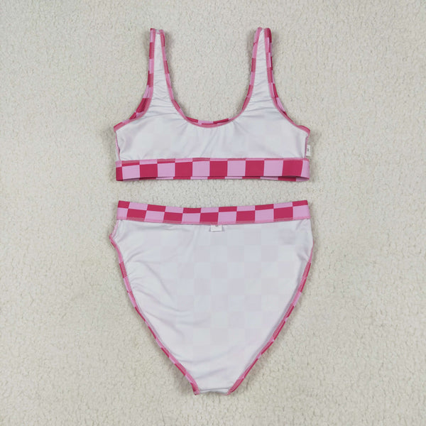 S0559 RTS women clothes pink plaid adult leopard swim suit 2pcs outfit