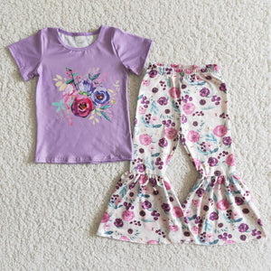 E7-3 girl purple flower short sleeve spring fall set-promotion 2024.2.24