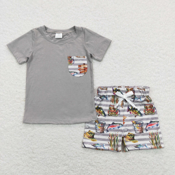 BSSO0481 RTS baby boy clothes boy fishing outfit grey toddler summer outfits