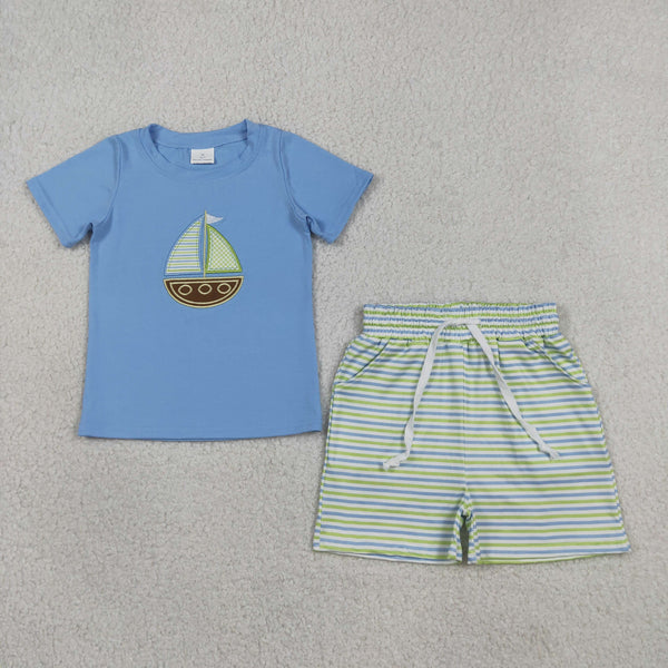BSSO1860 RTS kids clothes sailboat embroidery boy summer outfit  clothing set summer shorts set
