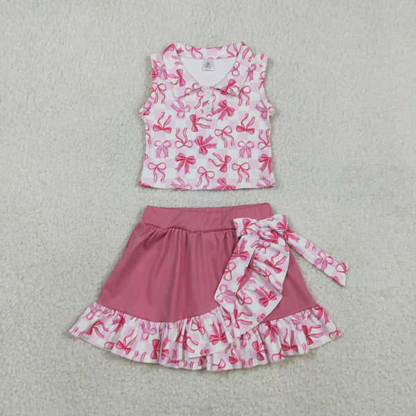 GSD3480 RTS toddler girl clothes  bows print girl yoga summer skirt set sports clothes