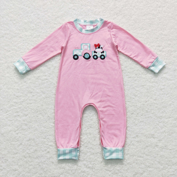 LR0376 baby girl clothes cow truck embroidery farm girl winter romper