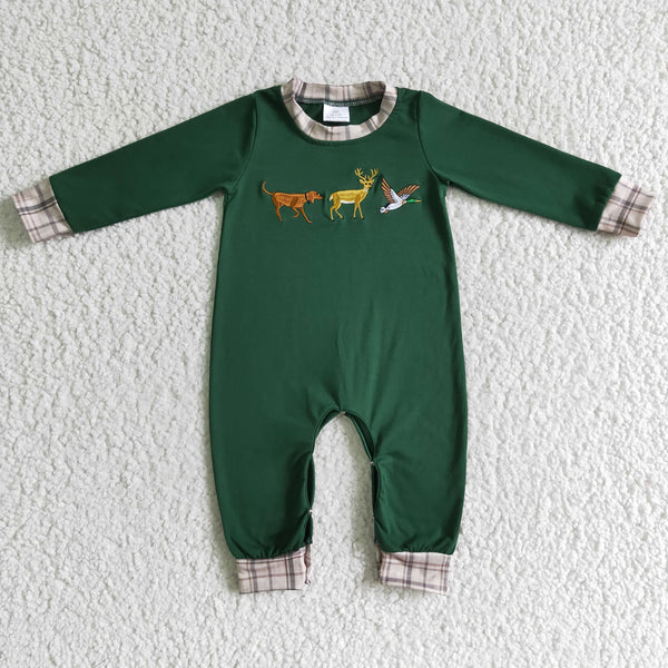 LR0107 RTS baby boy clothes embroidery green bird cow dog boy winter romper