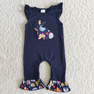 B8-11 girl easter navy bunny rabbit emboridrey romper-promotion 2024.2.24