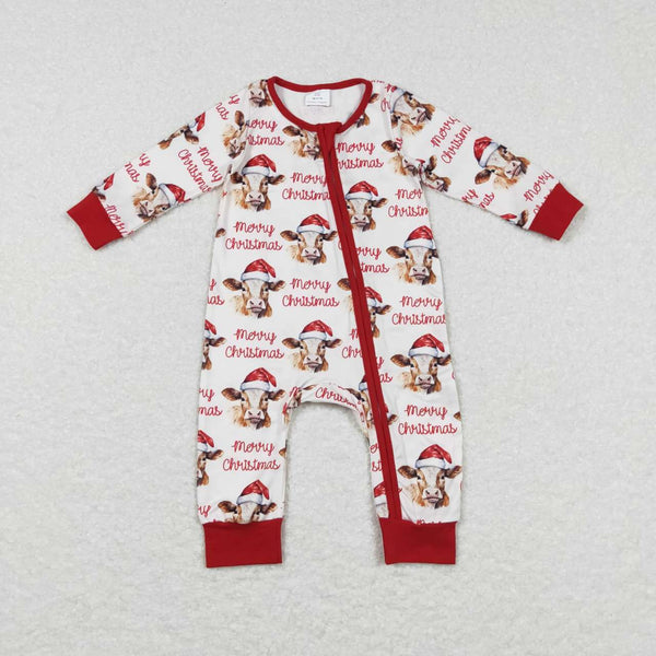 LR0739 RTS baby clothes cow chrristmas romper pajamas winter zipper romper