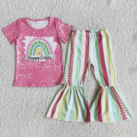 D5-19 girl happy easter pink colorful stripe set-promotion 2024.1.27