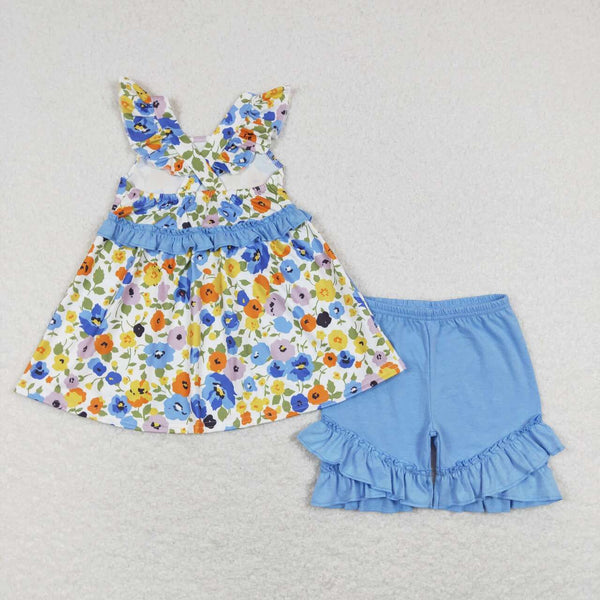 GSSO0494 baby girl clothes floral blue girl summer shorts set girl flower blue summer outfits
