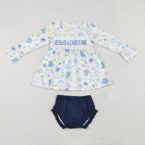 GBO0435 RTS toddler girl clothes navy jesus floral loves me girl winter bummies set