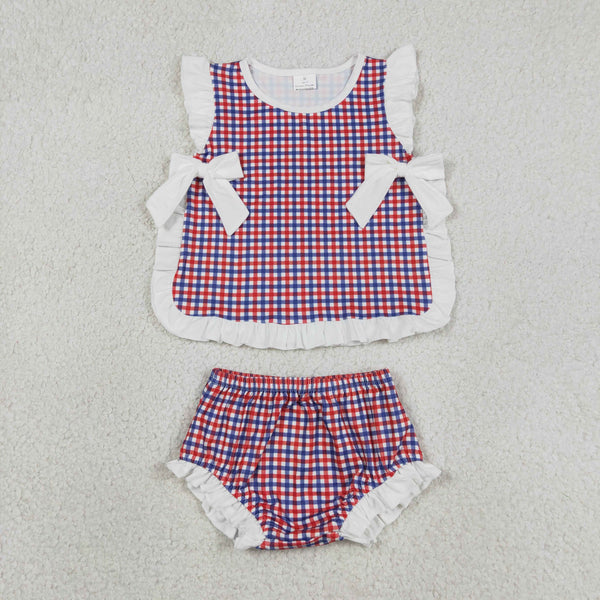GBO0527 RTS toddler girl clothes gingham girl 4th of July patriotic summer bummies set