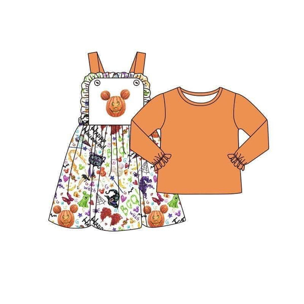 GLD0033 orange halloween clothes for kids shirt + dress set