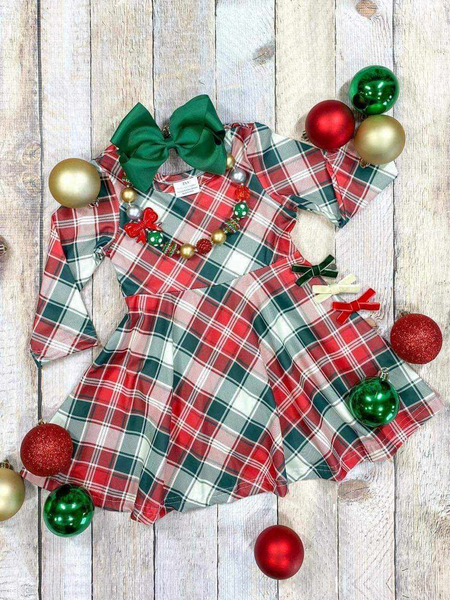 GLD0462 baby girl clothes green plaid girl  christmas dress