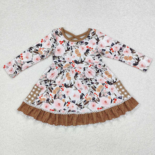 GLD0530 RTS toddler girl clothes brown pocket flower baby girl  winter  dress