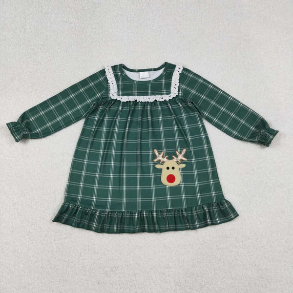 GLD0561 RTS girl clothes green deer girl  christmas embroidery dress