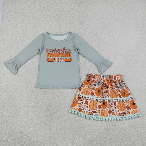 RTS GLD0763 baby girl clothes halloween pumpkin mixed print long sleeve top skirt set