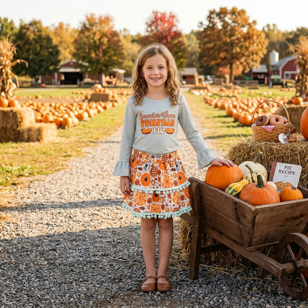RTS GLD0763 baby girl clothes halloween pumpkin mixed print long sleeve top skirt set