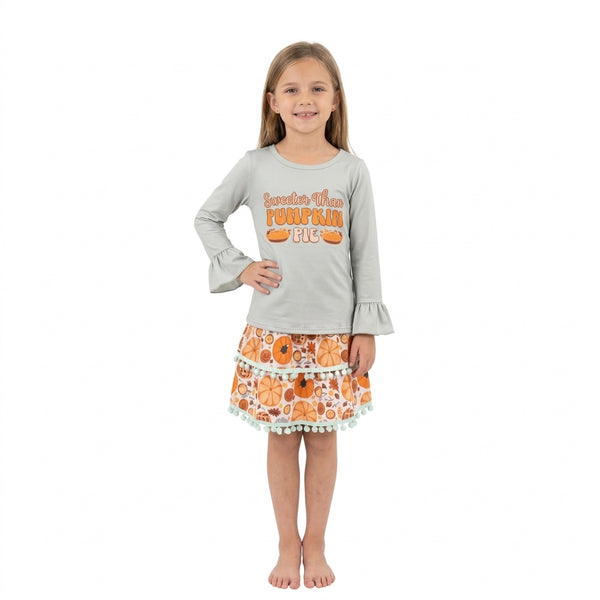 RTS GLD0763 baby girl clothes halloween pumpkin mixed print long sleeve top skirt set