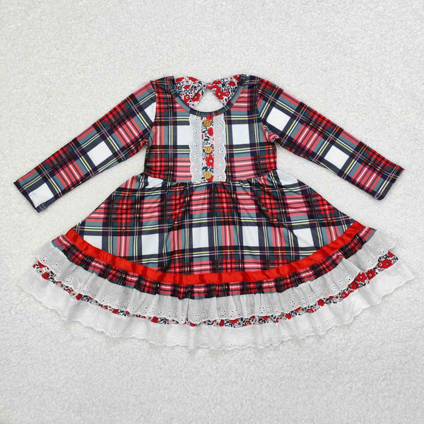 GLD0838 RTS toddler girl clothes red plaid lace girl winter christmas dress twirl dresses