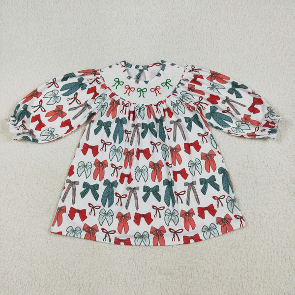 GLD1028 RTS 3-6M TO 7-8T girl christmas dress smock bow girl clothing wholesale