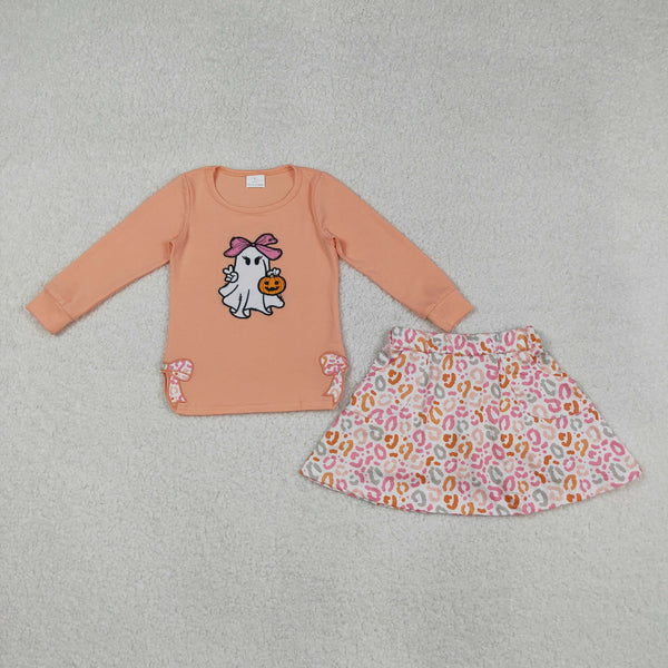 GLD1174 RTS girl clothes ghost pumpkin orange girl halloween skirt set embroidery