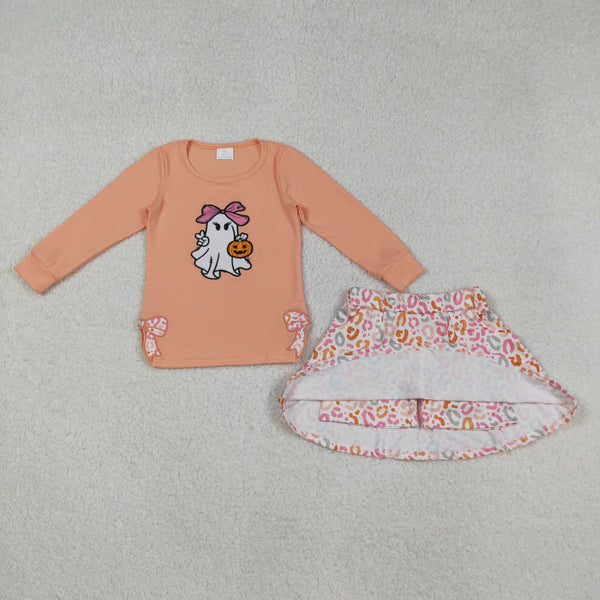 GLD1174 RTS girl clothes ghost pumpkin orange girl halloween skirt set embroidery