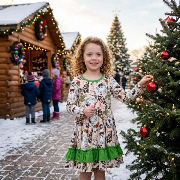RTS GLD1213 baby girl clothes western santa christmas print long sleeve ruffle swing dress