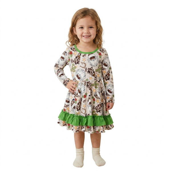 RTS GLD1213 baby girl clothes western santa christmas print long sleeve ruffle swing dress