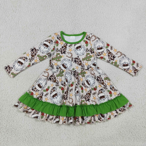 RTS GLD1213 baby girl clothes western santa christmas print long sleeve ruffle swing dress