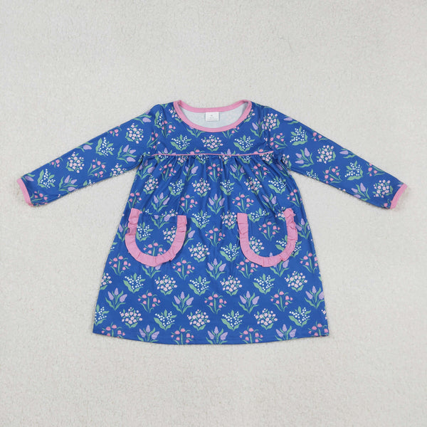 GLD1257 RTS Girl clothes flower blue pockets baby girl winter dress