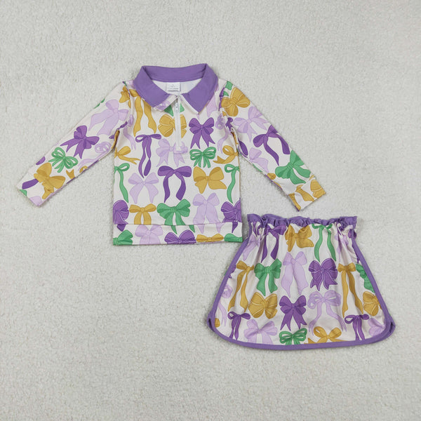 GLD1333  RTS  toddler girl clothes purple bows girl sports outfit winter clothing set