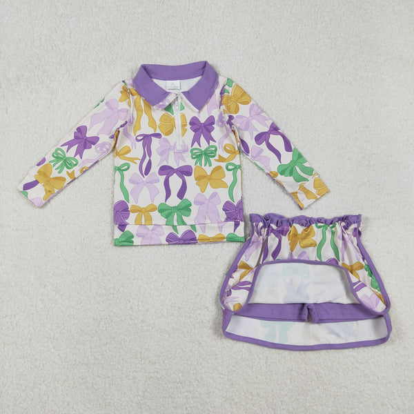 GLD1333  RTS  toddler girl clothes purple bows girl sports outfit winter clothing set