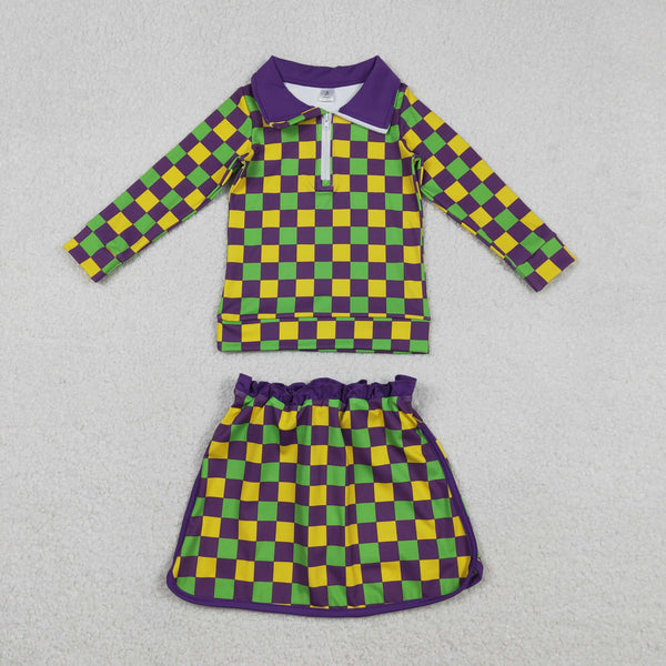 GLD1362 RTS baby girl clothes gingham toddler girl mardi gras yoga skirt outfit