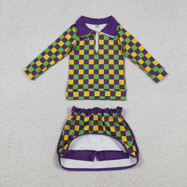 GLD1362 RTS baby girl clothes gingham toddler girl mardi gras yoga skirt outfit