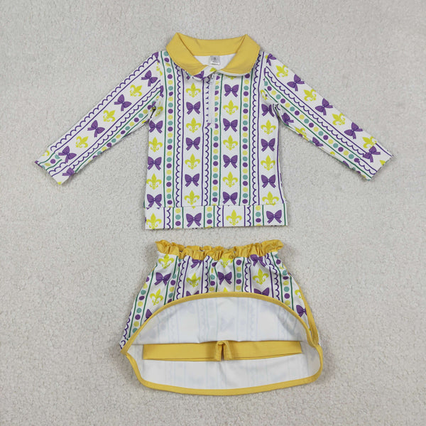 GLD1363 RTS baby girl clothes bows toddler girl mardi gras yoga skirt outfit