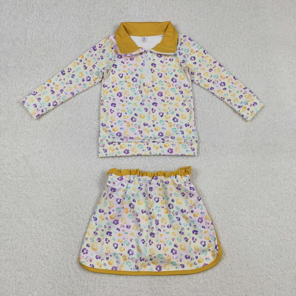 GLD1365 RTS baby girl clothes leopard print toddler girl mardi gras yoga skirt outfit
