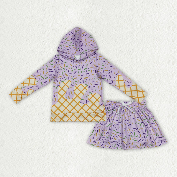 GLD1579 RTS kids girl clothes purple girl winter hoodies outfit skirt set