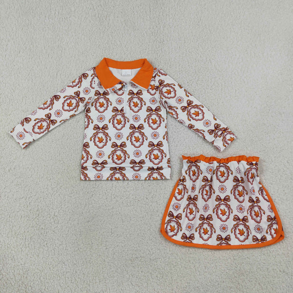 GLD1602 RTS  toddler girl clothes orange leaf bows girl summer fall set skirt outfit
