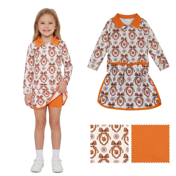 GLD1602 RTS  toddler girl clothes orange leaf bows girl summer fall set skirt outfit